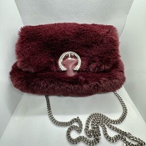 Jimmy Choo Burgundy Faux Fur Clutch with Silver Chain